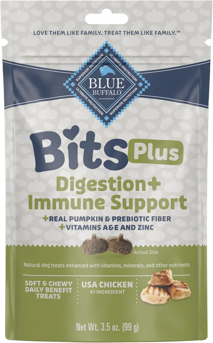 Blue Buffalo Blue Bits Plus Daily Benefit Dog Treats, Soft & Chewy Chicken and Pumpkin Morsels, 9.5-oz Bag, Formulated for Digestion & Immune Support