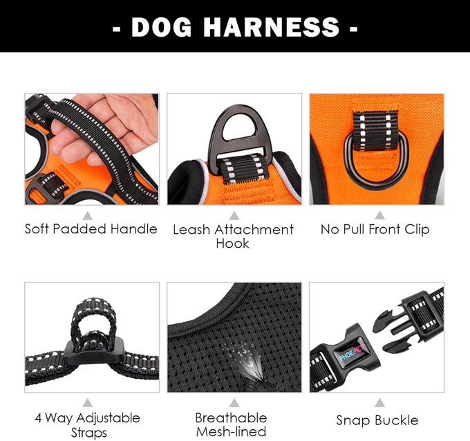 Phoepet medium size reflective dog harness with handle, easy to put on and take off, orange color