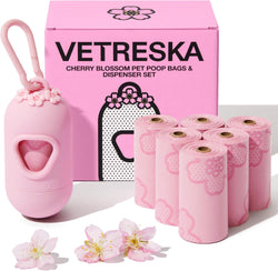 Vetreska pink cherry blossom scented dog poop bag dispenser with 105 leak proof pet waste bags for cats