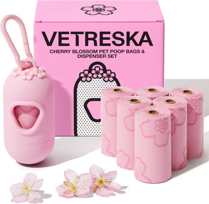 Vetreska pink cherry blossom scented dog poop bag dispenser with 105 leak proof pet waste bags for cats
