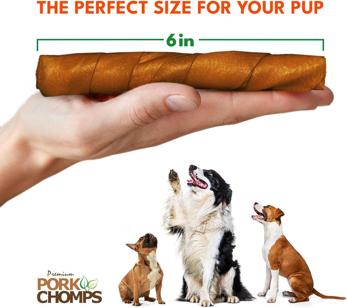 pork chomps roasted pork skin dog chews, 6 inch twists, 15 count - healthy, delicious, low fat, high protein