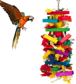 Natural Wood Bird Toys for Macaws, African Grey, Amazon Parrots, 18 inch, Non-Toxic, Chewing and Climbing