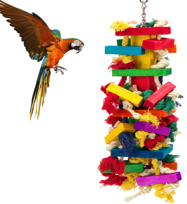 Natural Wood Bird Toys for Macaws, African Grey, Amazon Parrots, 18 inch, Non-Toxic, Chewing and Climbing