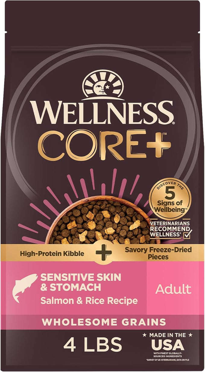 Wellness CORE+ Sensitive Skin and Stomach Adult Dry Dog Food, High Protein, Chicken Free, Salmon and Rice Recipe, 4 lb Bag