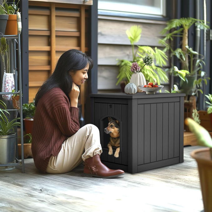 DRATO resin material dog house, multi-functional pet house for small to medium dog, black, medium size