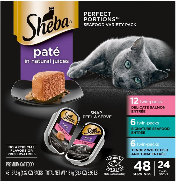 sheba perfect portions wet cat food pate with salmon, seafood, and fish variety pack, 2.6 oz twin pack trays (24 count, 48 servings)