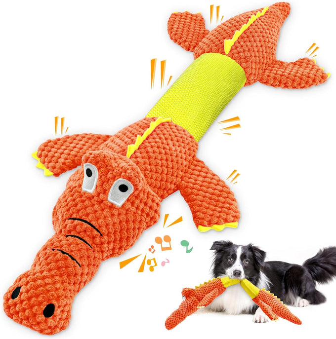 WOWBALA interactive squeaky dog chew toy for small, medium & large dogs, crocodile-shaped, plush, crinkle paper, 24-inch length