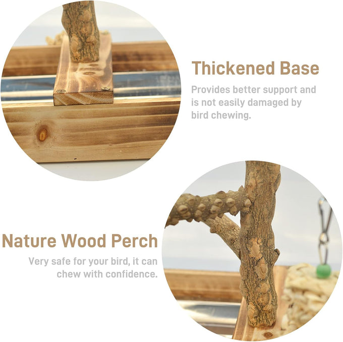 LIMIO natural wood bird toys playground, 2 stainless steel cups, removable tray, small to medium bird accessories
