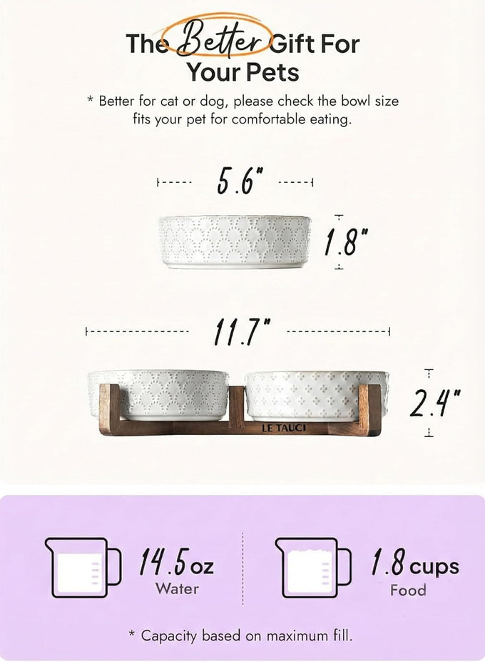 Le Tauci Acacia Wood Stand Dog Bowl Set with 1.5-Cup Ceramic Bowls for Small Dogs and Cats, Non-Slip Base