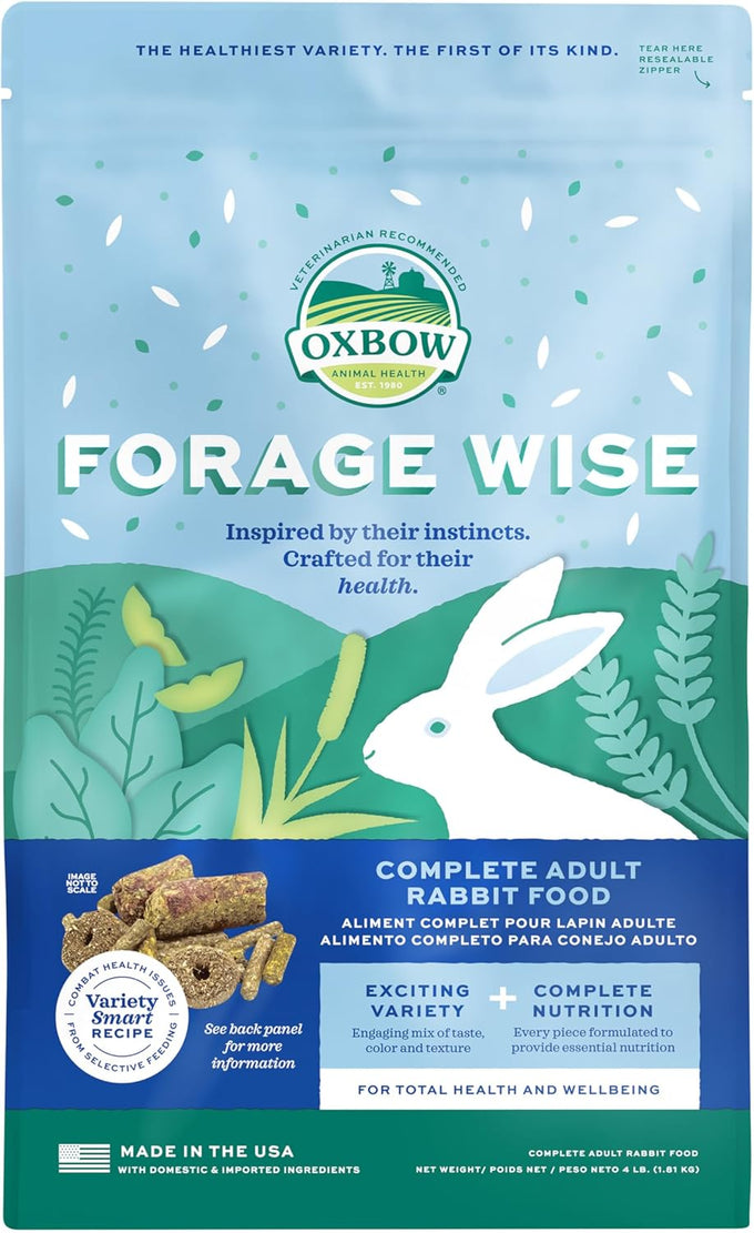 Timothy hay-based Oxbow Forage Wise Adult Rabbit Food, 4 lb bag, complete nutrition, made in USA