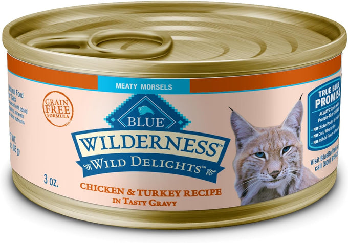 blue buffalo wilderness wild delights meaty morsels wet cat food, 24 count, 3-oz. cans, chicken & turkey recipe