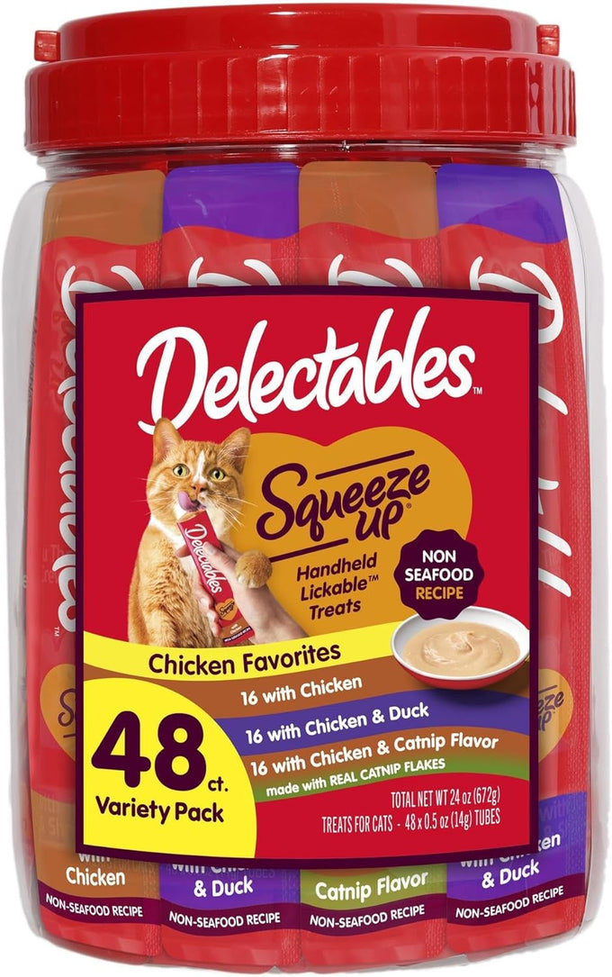 delectables squeeze up non-seafood variety pack, creamy squeezable puree, grain-free cat treats, 72-count