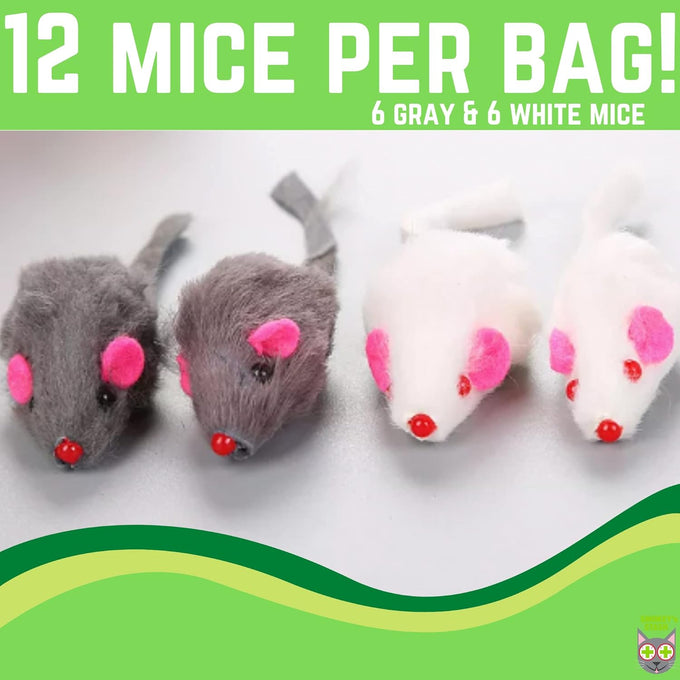 Smokey's Stash White and Gray Fuzzy Rabbit Fur Mouse Cat Toys for Cats 12 Pack Rattle Realistic Fake Mice