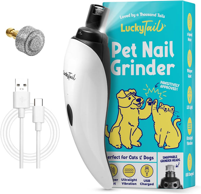 luckytail super quiet low vibration electric dog nail grinder with 2 led lights usb rechargeable 2 speeds small to large pets