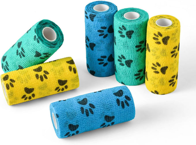 WePet Pawprints A Self-Adhesive Non-Woven Tape for Dog, Horse, Cat, Bird, Animal First Aid, 6 Rolls, 2 Inch, Blue, Green, Yellow