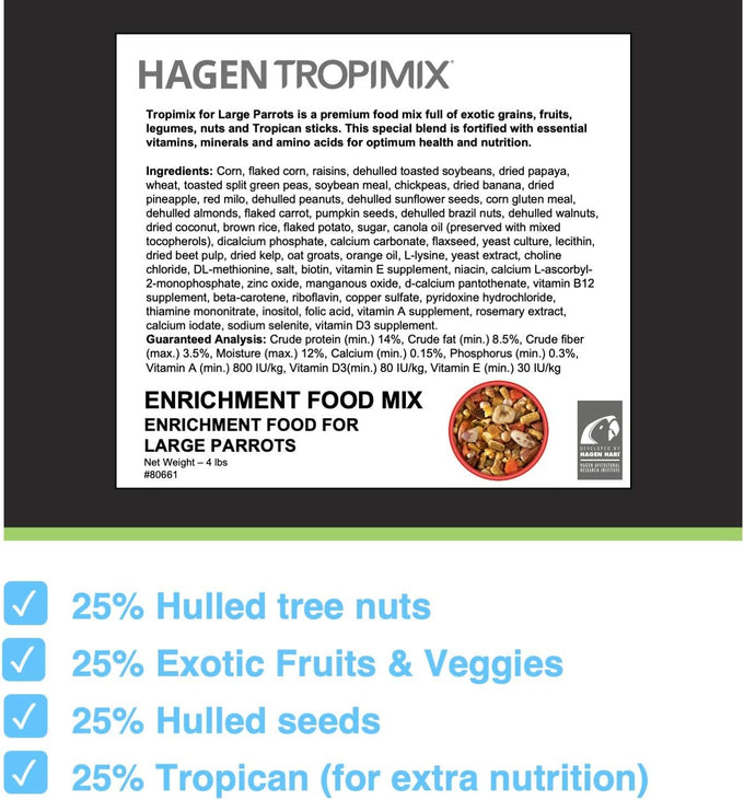 Hagen Large Parrot Food with Seeds, Fruit, Nuts, Vegetables, Grains, and Legumes, 4 lb Bag