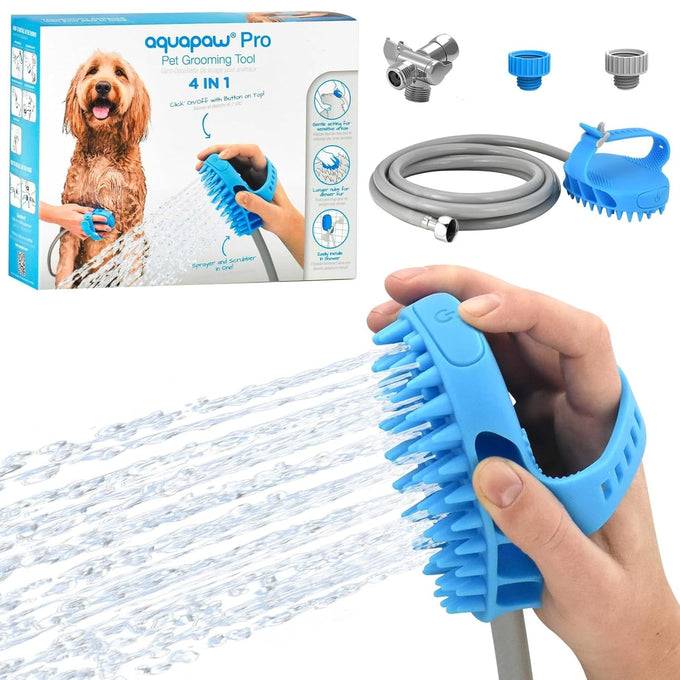 Aquapaw dog bath brush pro & shower attachment - large silicone rubber - 8ft hose attachment & shower wand for pet bathing