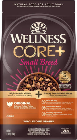 Wellness CORE+ Small Breed Adult Dry Dog Food with Freeze Dried Pieces, Wholesome Grain Kibble+, Natural, High Protein, Turkey and Chicken Recipe, 4 lb Bag