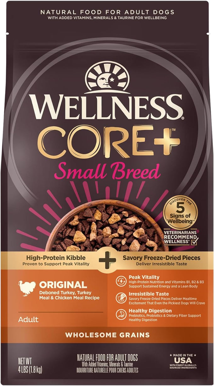 Wellness CORE+ Small Breed Adult Dry Dog Food with Turkey and Chicken, 4 lb Bag, Grain Kibble, High Protein, Natural