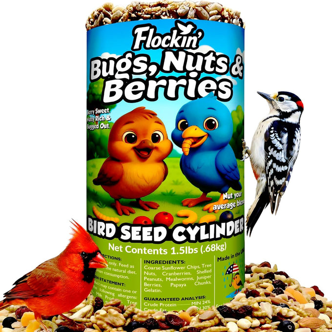 4 inch x 7.75 inch Flockin' Bugs Nuts and Berries Bird Seed Cylinders with Hole for Blue Birds and Woodpeckers