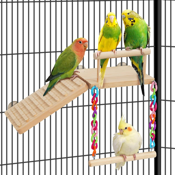 Wooden bird perches platform swing with climbing ladder for cockatiels, lovebirds, and small pets cage accessories