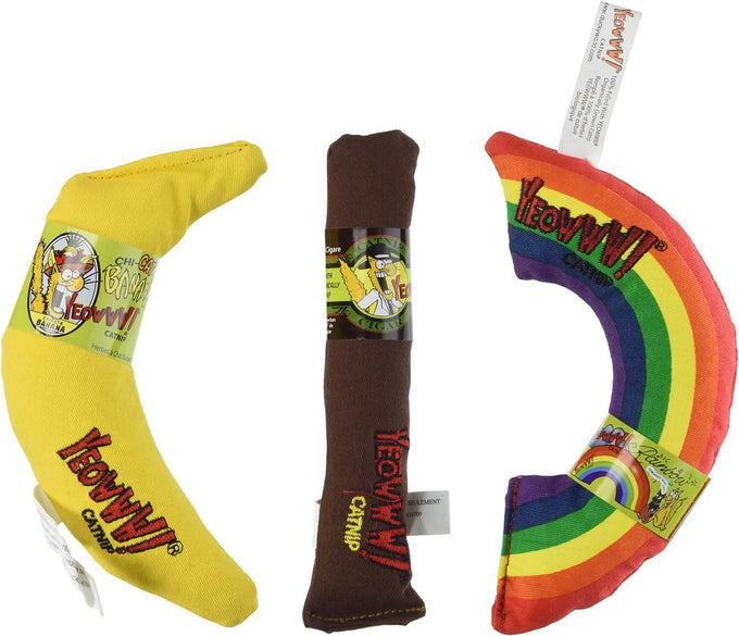 Yeowww! catnip toy variety pack, made in USA, includes cigar, banana, and rainbow shapes