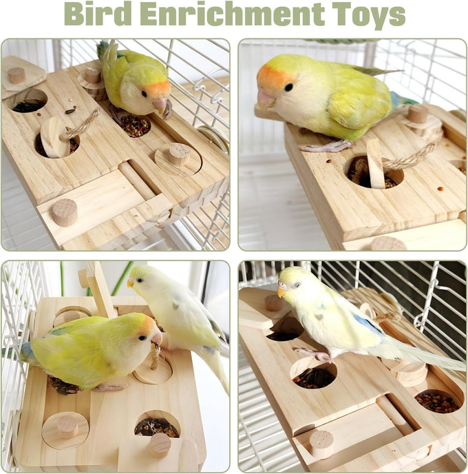 BNOSDM wooden bird foraging toy with natural wood stand platform for parrots, parakeets, cockatiels, sun conures