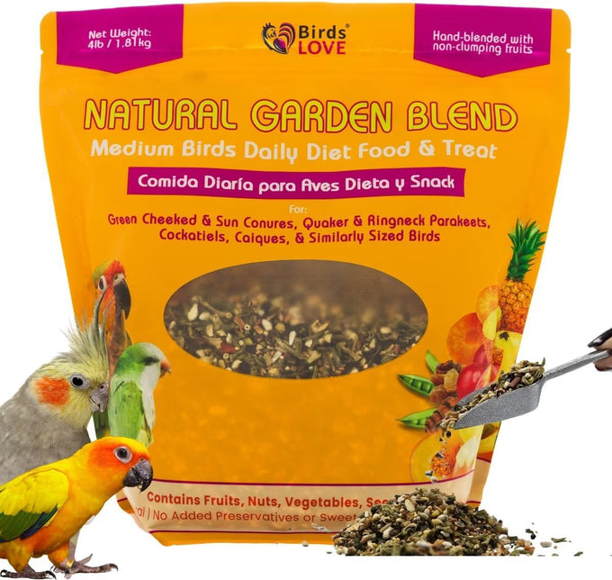 Cockatiels and small parrots love all natural garden blend bird food, 4lb, medium birds, no artificial coloring.