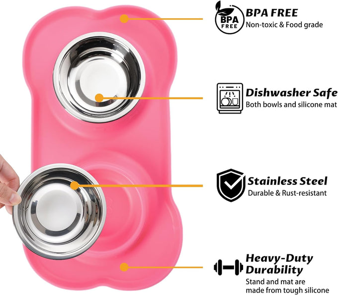 hubulk pet dog food and water bowls set with non-slip silicone mat and pet food scoop, pink, small