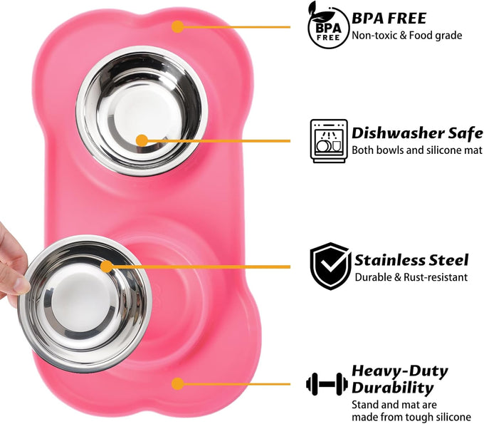 hubulk pet dog food and water bowls set with non-slip silicone mat and pet food scoop, pink, small