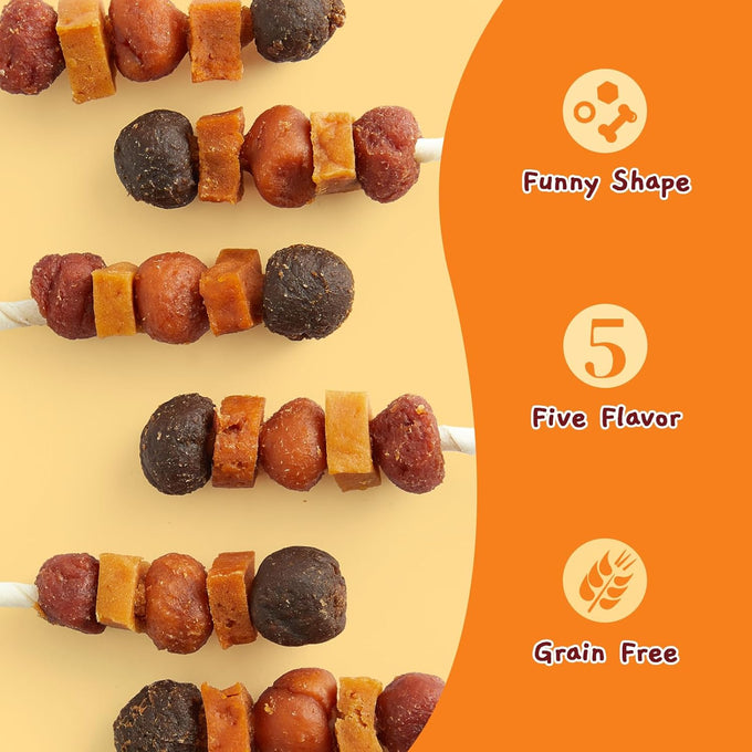 jungle calling multi-flavor kabob dog snacks, made with chicken, duck, beef, sweet potatoes, and pumpkin