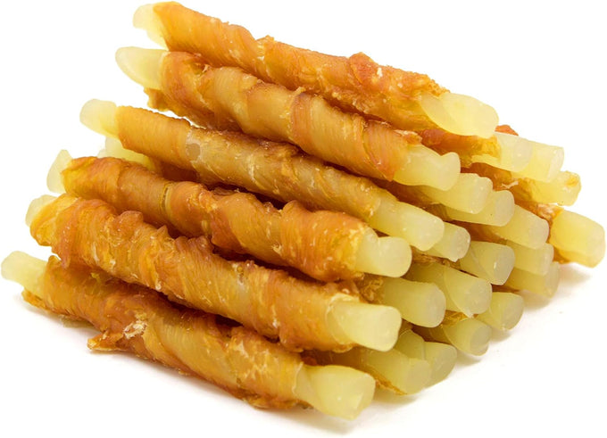jungle calling 35-count rawhide free dog treats, 4.5-inch chicken wrapped cod sticks for small to medium dogs