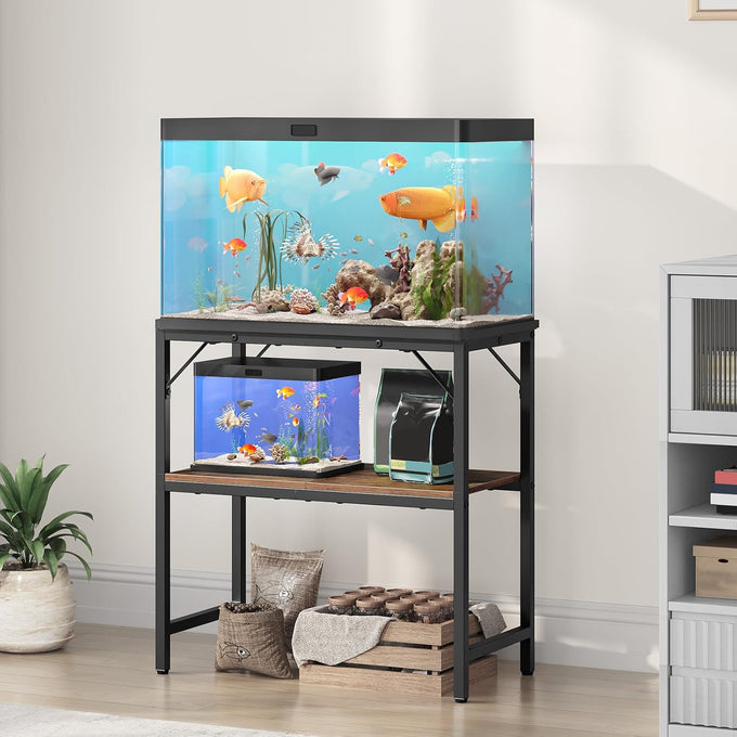 MahanCRIS 20-gallon fish tank stand with 2-tier storage shelves, heavy duty breeder turtle terrarium stand rack, rustic brown, FTHR2001