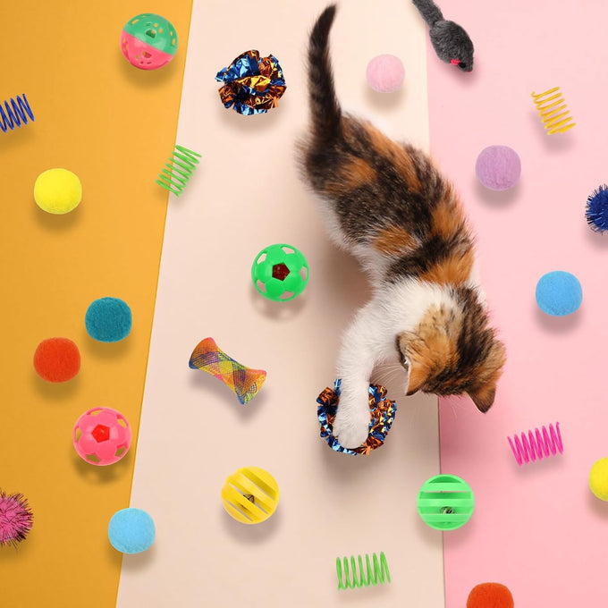 Quozuo 60pcs kitten toys, cat balls springs toy set with variety of cat ball toy, cat mouse toys, cat springs