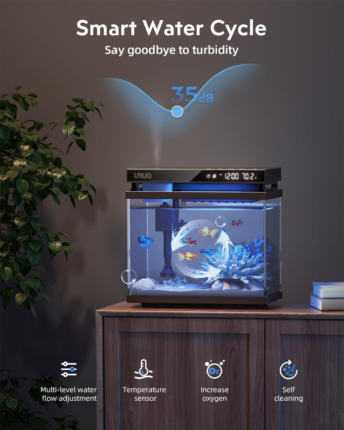 Fish Tank Smart Aquarium Kit 2 Gal Black UHD Silent Pump Self Cleaning System