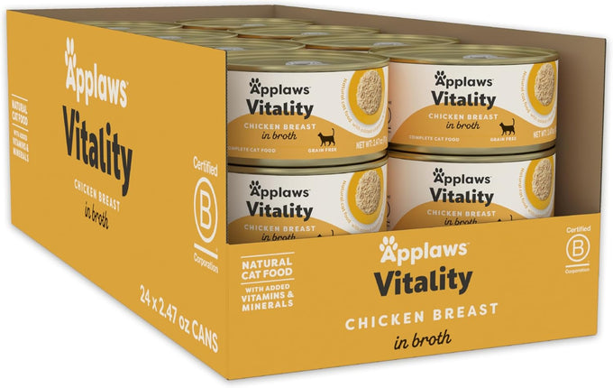 Applaws Vitality Wet Cat Food in Tuna Fillet & Shrimp Broth, Grain and Carrageenan Free, 24 Count, 2.47 oz Cans