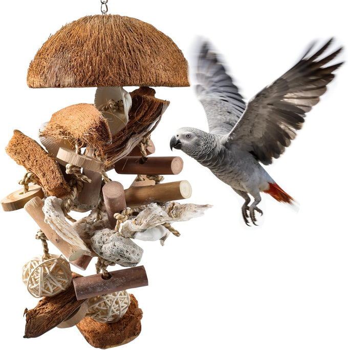 natural bird toys for parrots - handmade coconut shell shredding toy for sun conures conures caiques cockatiels