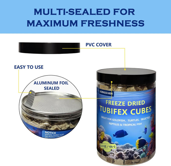 Freeze Dried Tubifex Worms Cubes 3.5 oz - High Protein Floating Fish Food for Tropical Fish and Aquariums