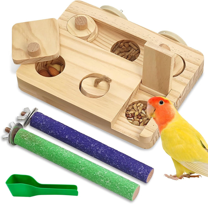 BNOSDM wooden bird foraging toy with natural wood stand platform for parrots, parakeets, cockatiels, sun conures