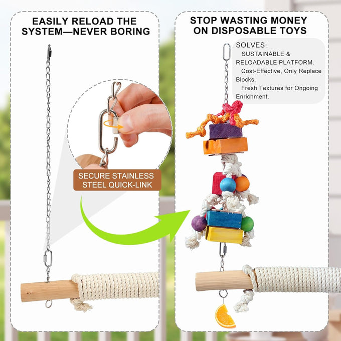 21.6" Giant Refillable Parrot Toy Swing for Macaws, Cockatoos, 4lb Heavy Duty Bird Toys, Large Natural Wooden Block Chew & Shredding Toy