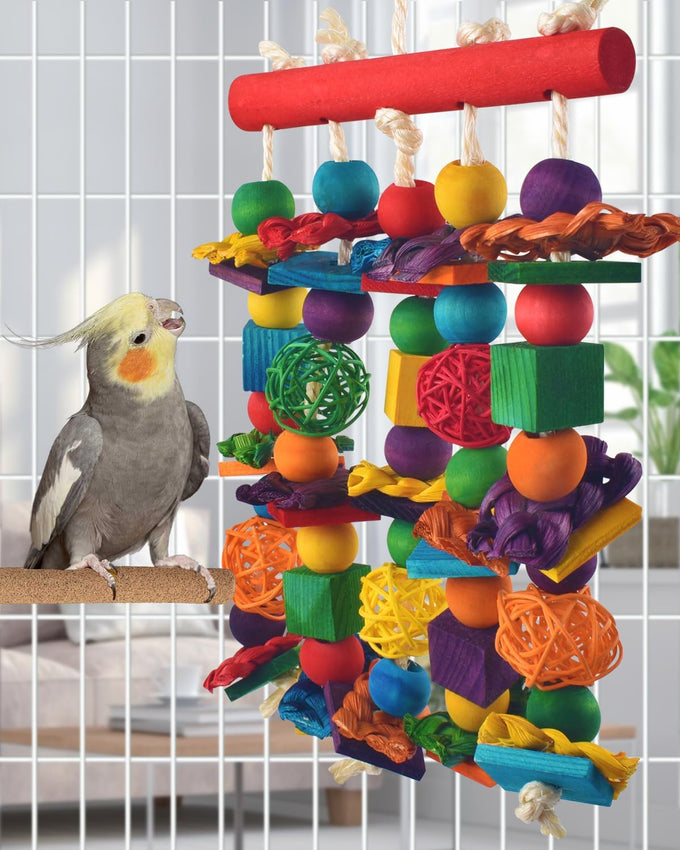 dbness bird toys, natural wooden blocks, parakeet chewing toy for small to medium macaw cockatoos budgie lovebird cockatiel conures 13.4x5.9 inches adjustable