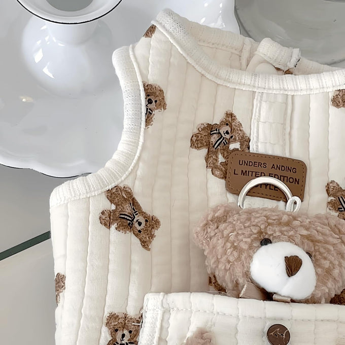 Cute pet apparel plush bear pattern cartoon dog clothes white 11-20lbs sleeveless pullover