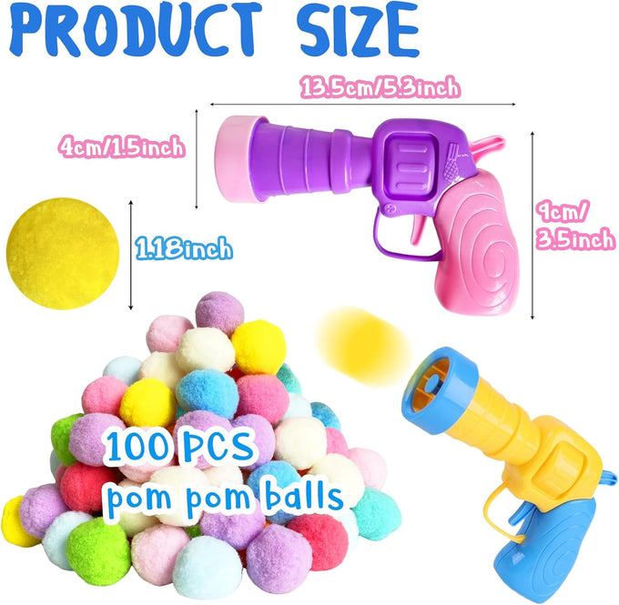 2 Cat Toy Launchers & 100 Cat Pom Pom Balls in Macaroon Colors, Silent Plush Elastic Balls for Kitty