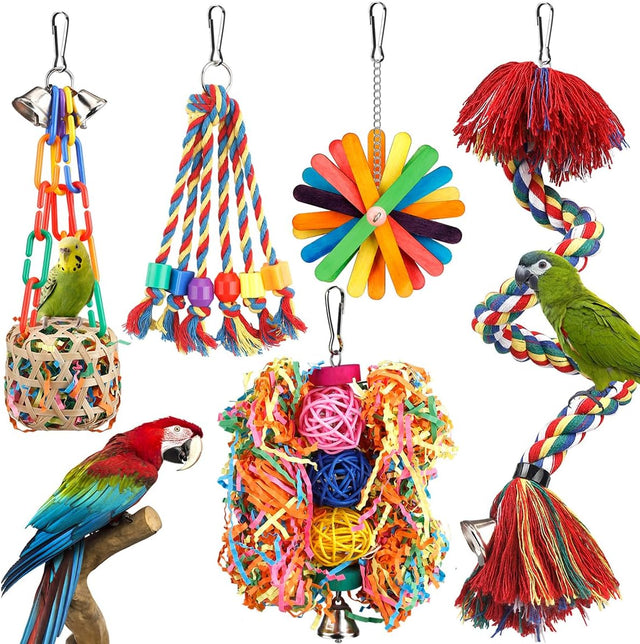 Colorful parrot toys set with bell, rope perch, and foraging toys for Conure, Cockatiel, Budgies, Lovebird