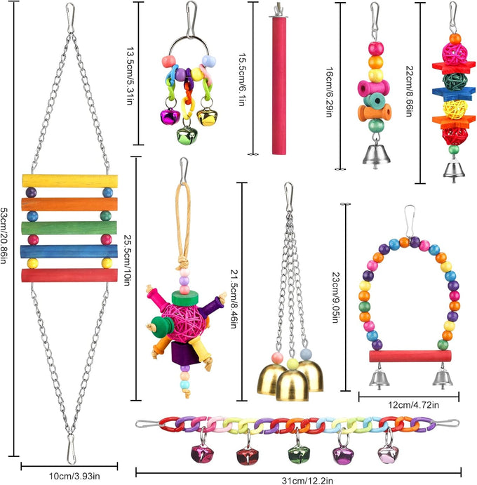 Colorful ladder hammock bird cage accessories for conures, parrots, parakeets, cockatiels, lovebirds, with hanging bell and chewing toys