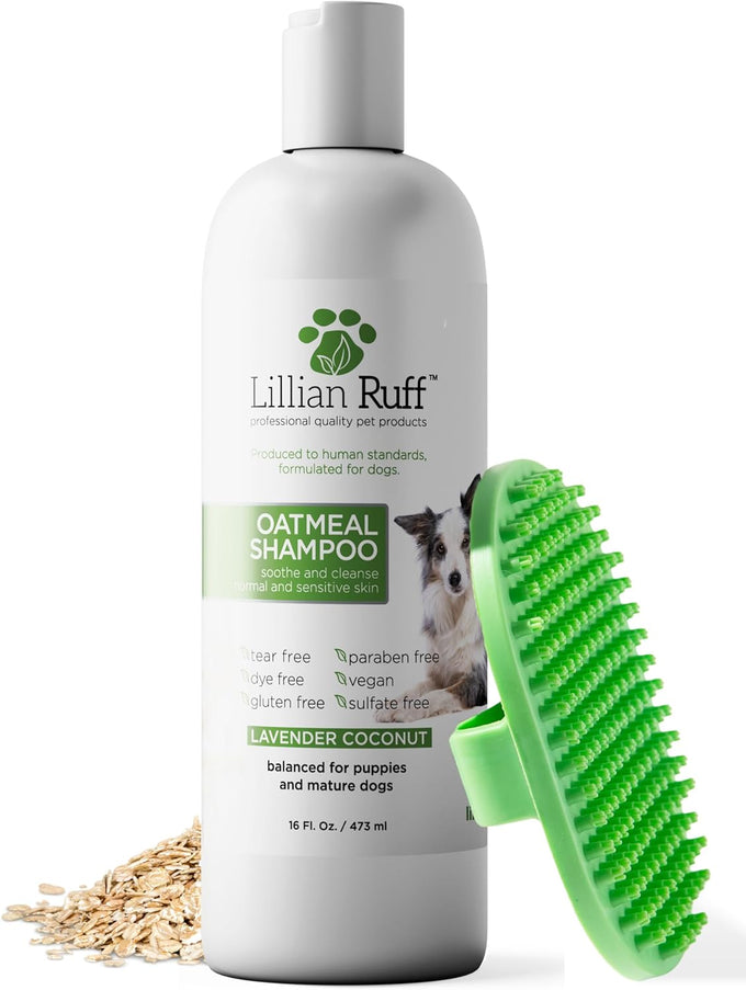 Lillian Ruff Pro oatmeal dog shampoo for dry skin, itching & allergies, 16oz with brush, made in USA, non-toxic, natural ingredients
