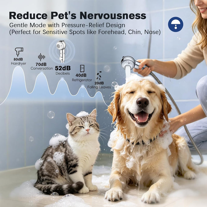 Gentle Pet Shower Attachment with One-Button Pause, 2-Mode Mini Pet Shower Head for Nervous Dogs and Cats, 98'' Long Hose