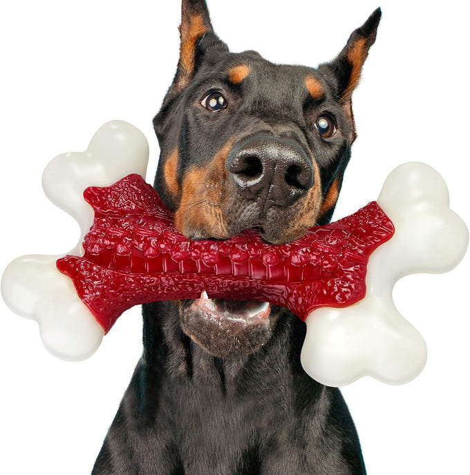 kseroo indestructible beef flavored hard nylon bone chew toys for aggressive chewers, red, 8 inch