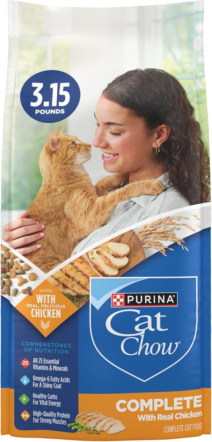 Purina Cat Chow Complete High Protein Dry Cat Food With Real Chicken, 3.15 lb. Bags (Pack of 4) Suitable For Kittens And Adults