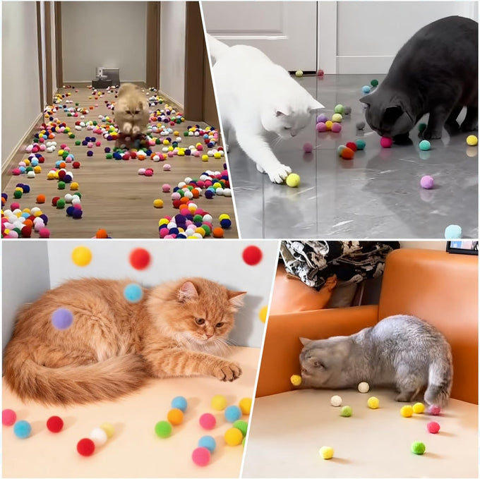 Mity rain 102PCS soft plush cat ball launchers & pom pom balls interactive cat toy set for indoor cats